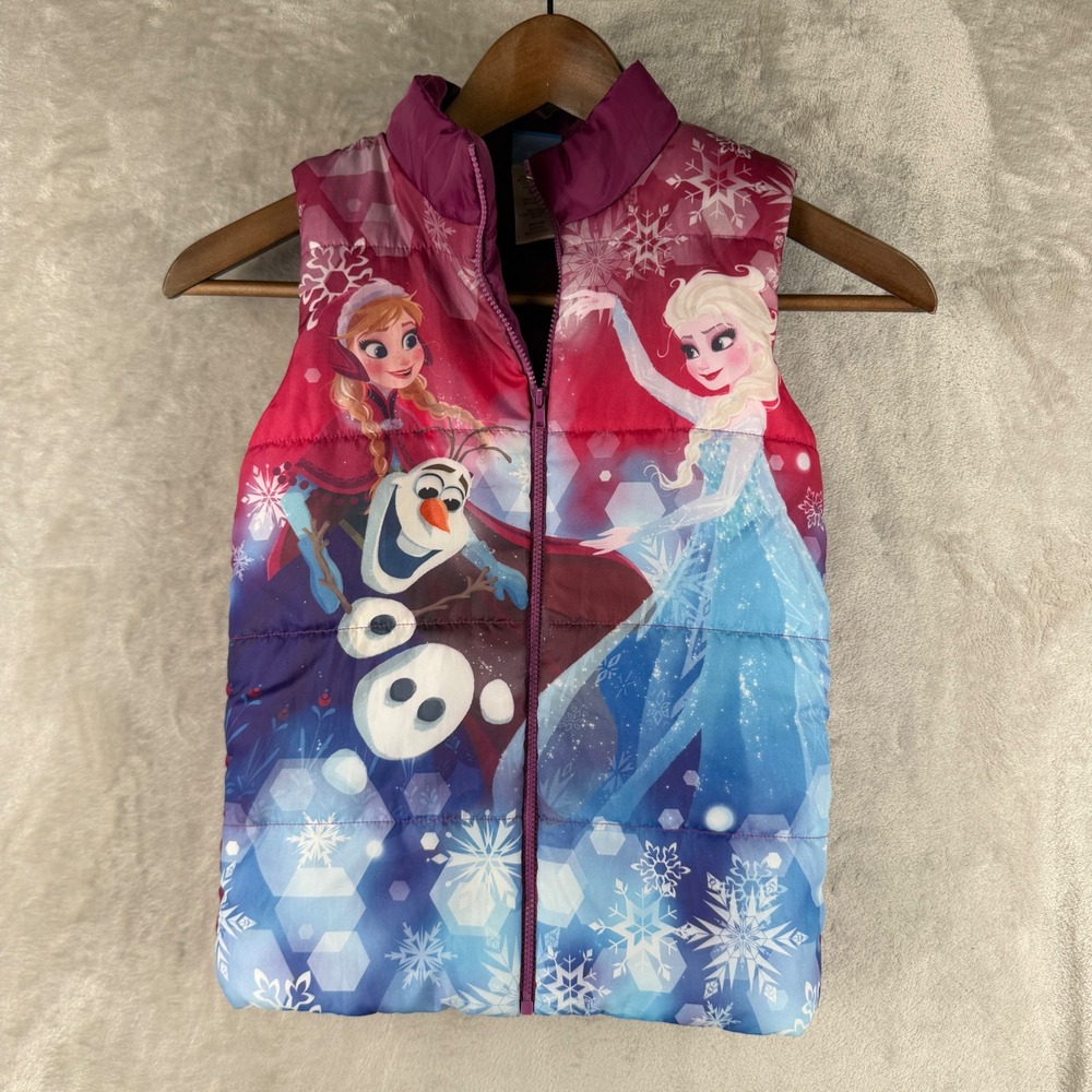 Disney Frozen Girls Puffer Vest Anna Elsa Olaf Purple Grape Punch Size 6